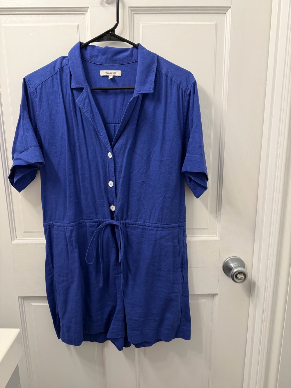Madewell Royal Blue Button-Front Short Sleeve Romper with Drawstring